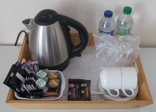 Each guest tray has tea, coffee, and hot chocolate too!