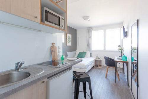 Espace de vie, bureau, cuisine et lit