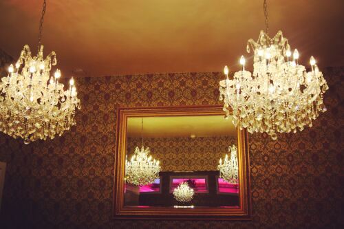 Crystal chandeliers in the Banquet Room