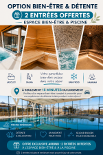 ✨ Votre séjour inclut 2 entrées offertes à l'espace bien-être (jacuzzi, sauna, hammam et piscine intérieure chauffée), situé à seulement 15 minutes du logement. 

Une valeur de plus de 40 € offerte pour rendre votre escapade encore plus relaxante.