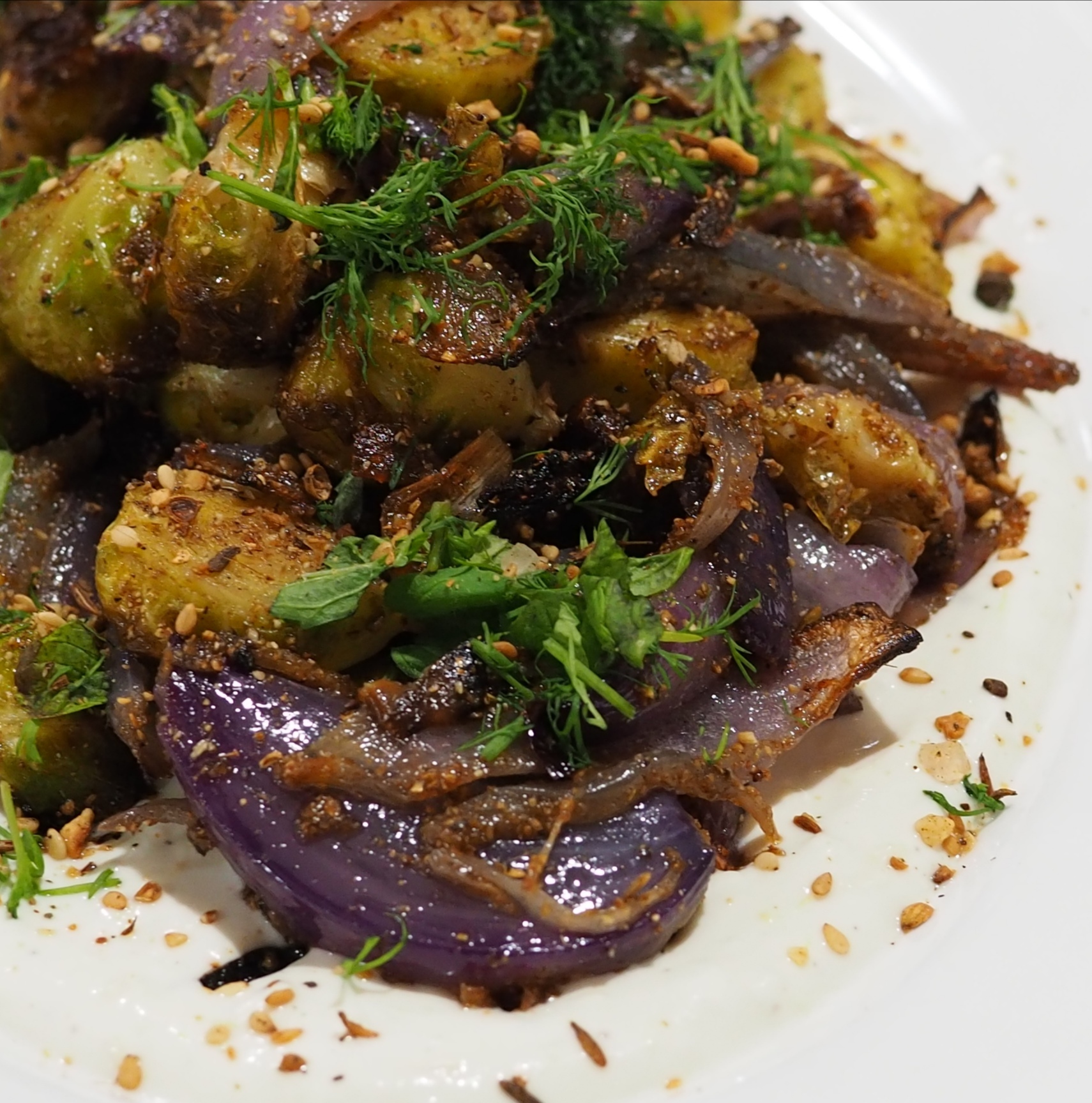 Roasted Brussels Sprouts with Tahini Yoghurt and Dukkah