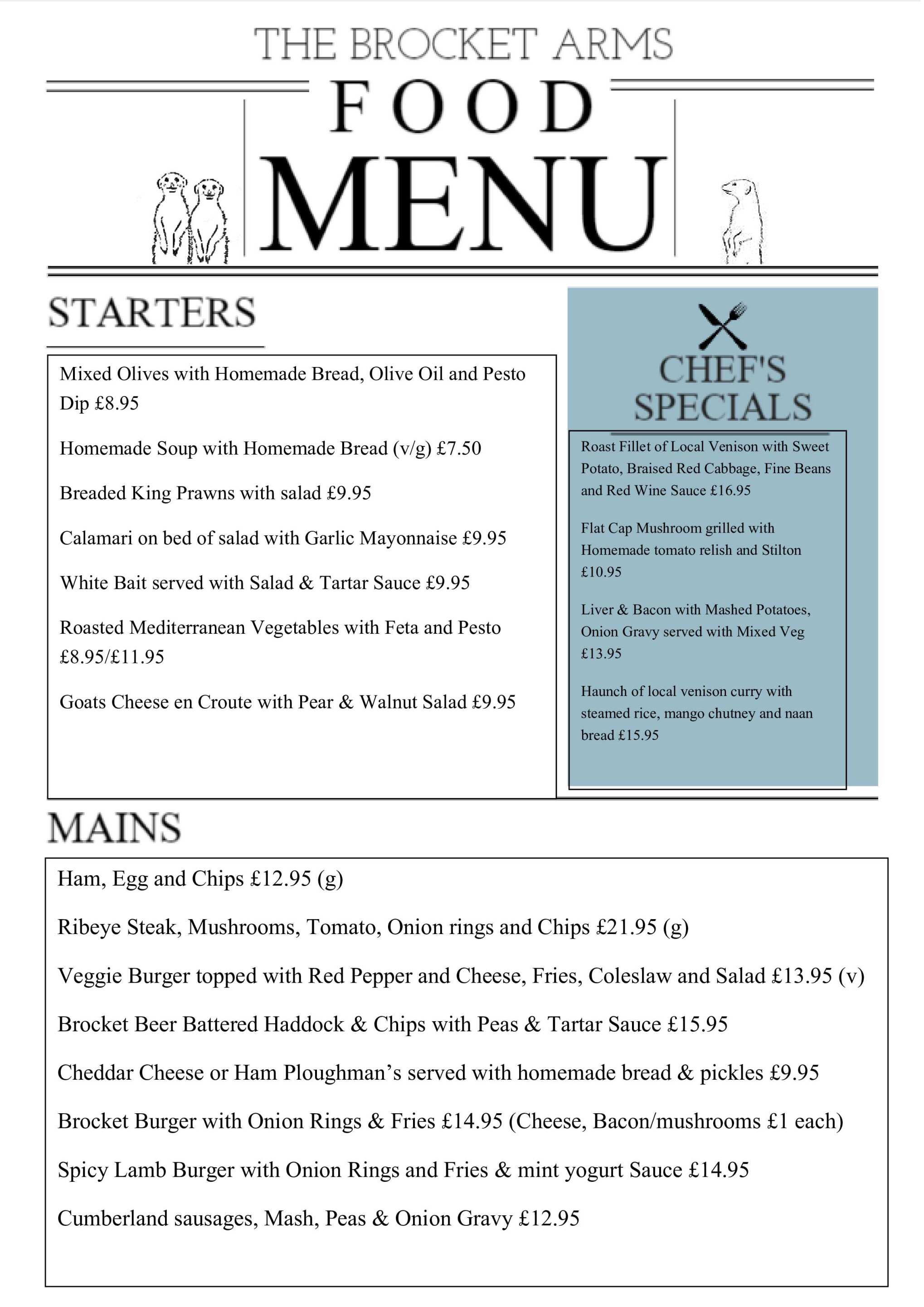 Weekday Menu - Starters, Mains and Specials