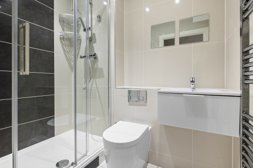 Modern and clean bathroom with a powerful shower head 