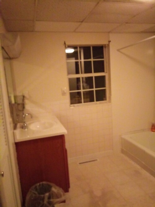 master bath there are blinds and a shower curtain