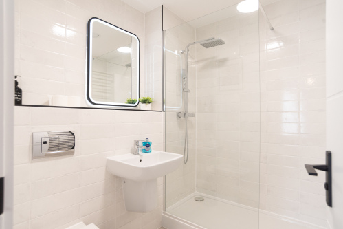 Modern en-suite bathroom with walk-in shower and complimentary toiletries.