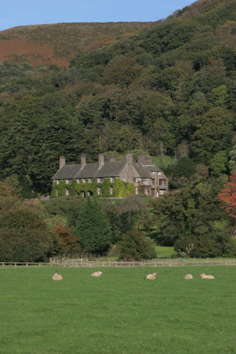 Exterior view of the house from a distance, showing it on the hillside surrounded by trees