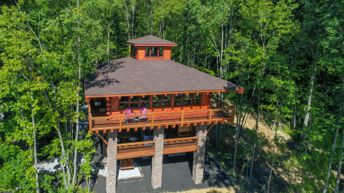 Closeup Aerial View of Soaring Eagle Luxury Treehouse, from Front
