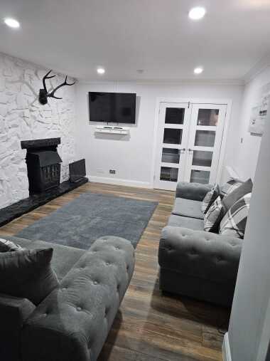 Living room with wood burning stove 
