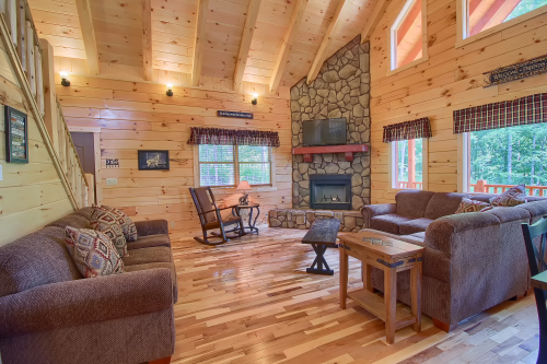Great Room, with Wood-Burning Fireplace, TV screen (No TV access - Bring DVD's), from Kitchen