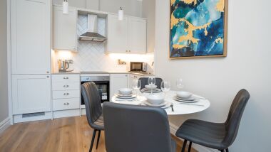 The kitchen comes fully equipped with all the normal kitchenware - kettle, toaster, microwave, fridge/freezer, crockery, cutlery, pots and pans, etc.