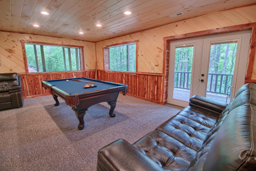 Pool Table, from one of the couches, Lower Level, Rustic Cedar Inn 