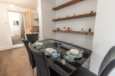 Dining area with shelves