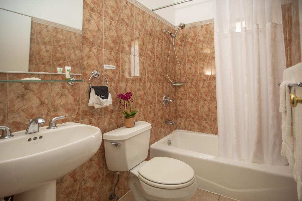A bathroom with a toilet, sink, bathtub, and shower, with tiled walls and a plant on the toilet tank.