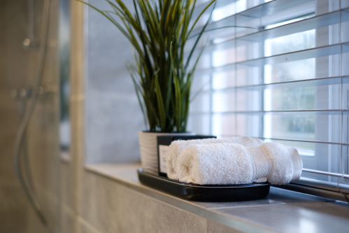 The fully tiled bathroom.