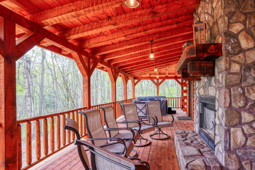 Closeup of Chairs and Wood-Burning Outdoor Fireplace, Main Back Deck 8-Person Hot Tub, looking east, Jackson's Luxury Hideaway