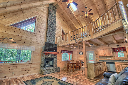 Great Room, from front door, with Full Kitchen and Dining Area beyond