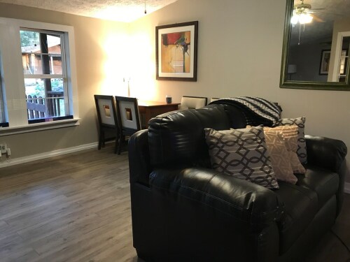 Desk and living room area