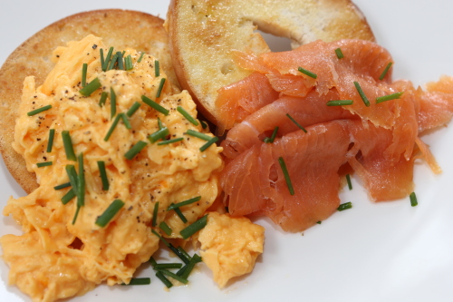 Smoked salmon, scrambled eggs, toasted bagel