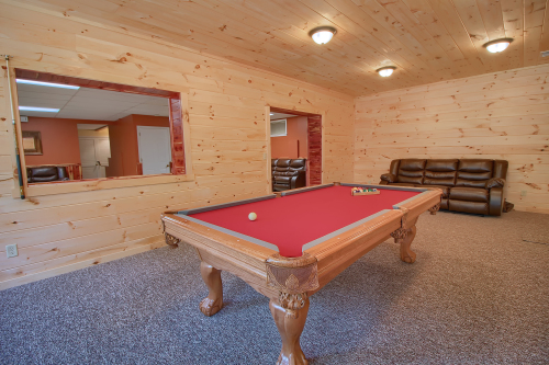 Closeup of Pool Table, looking toward Entertainment Room, Lower Level, Southern Belle Lodge