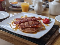 Scotch Pancakes with Crispy Bacon and Maple Syrup
