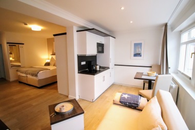 Wohnbereich mit Küchenzeile und Schlafbereich