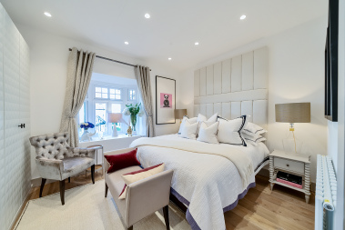 A full view of this beautifully detailed luxury bedroom.