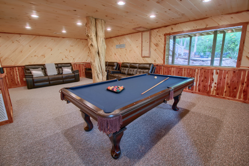 Pool Table, looking toward Picture Window,  Lower Level, with Fire Pit area beyond 