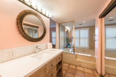 Shower/tub combo (jets/blower does not work) we have added a curtain for some privacy between bed and bath