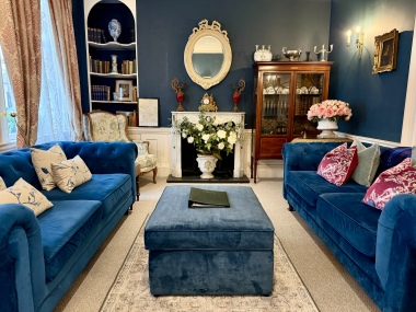 living room seating area and library
