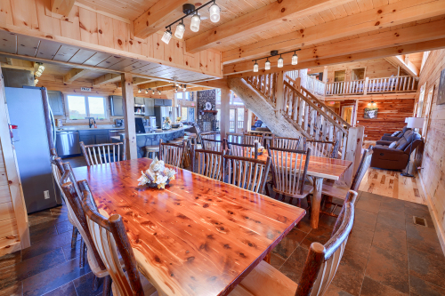 Closeup of large Cedar Tables, looking toward Kitchen and Great Room, Main Level, Sunset View Lodge
