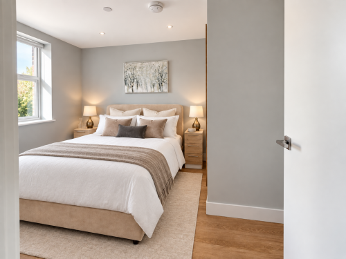 Bedroom
Bright and peaceful double bedroom featuring a comfortable upholstered bed, crisp striped bedding, matching bedside furniture and soft ambient lighting.