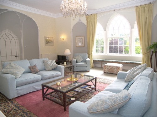 Luxurious west-facing C18 drawing room at the top of the pele tower - ideal for long summer evenings