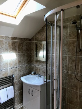 The bathroom in room one has a standard step in shower. 
