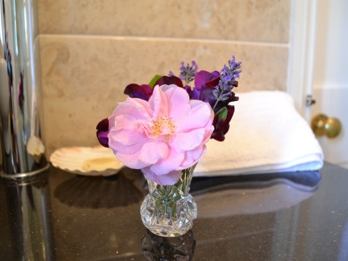 'No air miles' flowers adorn your room - the last of the sweetpeas and lavendar