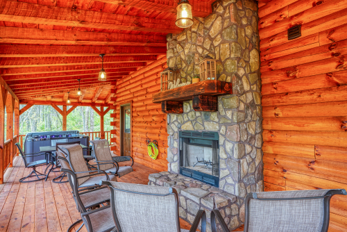 Outdoor Wood-Burning Fireplace, looking toward Hot Tub, Main Back Deck, Jackson's Luxury Hideaway