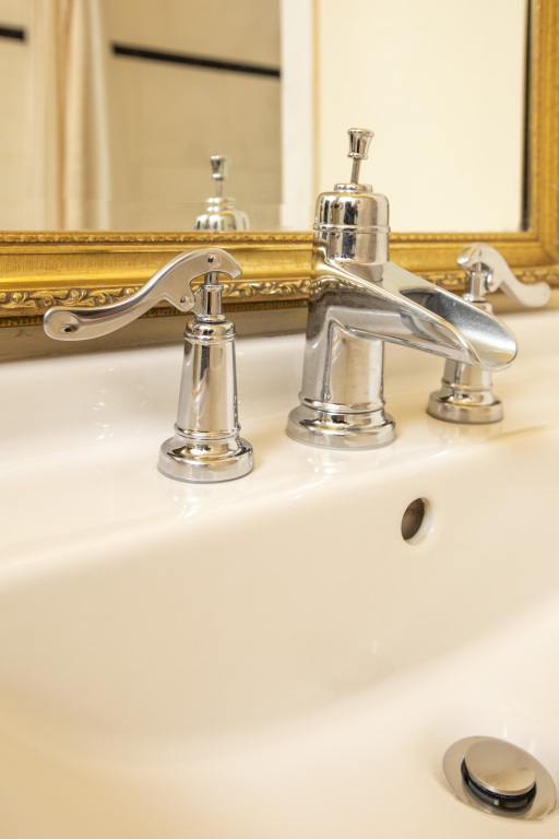 A close-up of a silver faucet and white sink with a gold-framed mirror in the background.
