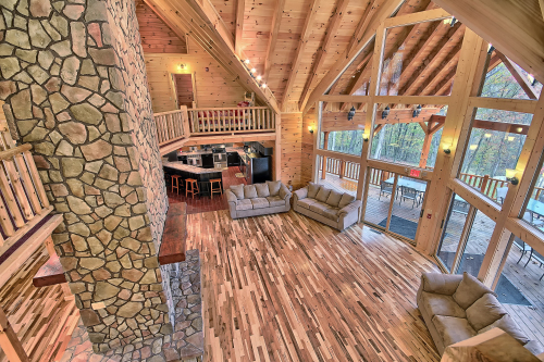 Wood-Burning Fireplace Chimney, Great Room and Kitchen Below and beyond, Majestic Oaks Lodge
