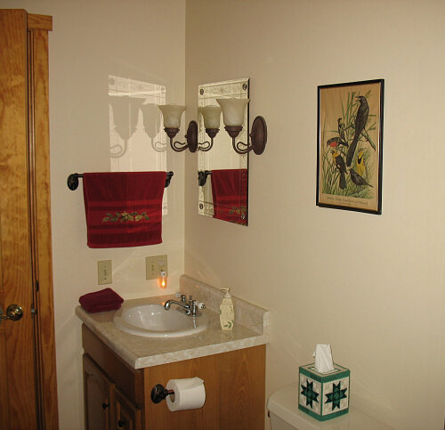 Bath vanity with etched mirror and wall sconces.