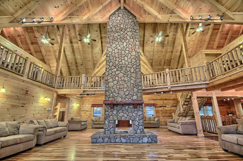 Great Room Wood-Burning Fireplace, Majestic Oaks Lodge