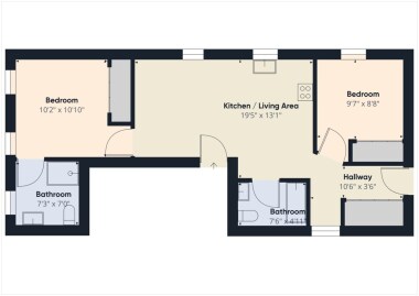 Floor plan showcases a clear layout with two bedrooms, two bathrooms, and a central kitchen/living area. This design ensures easy navigation for guests, providing a practical overview of the space's organization and accessibility.