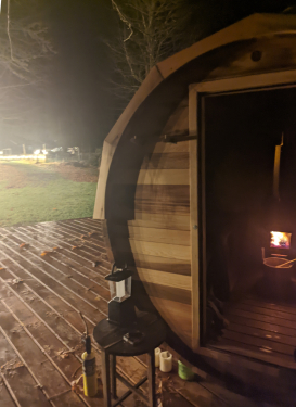 Cedar barrel wood burning sauna