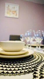 Dining area for 8 guests with brand new dining table chair set and crockery sets