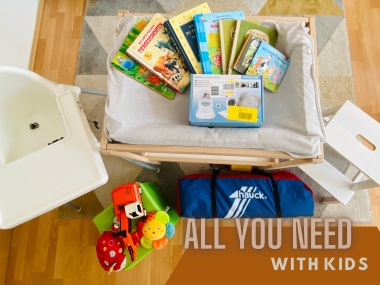 We have travel cot, changing table, high chair, step stool, baby phone, toys & books in the apartment.