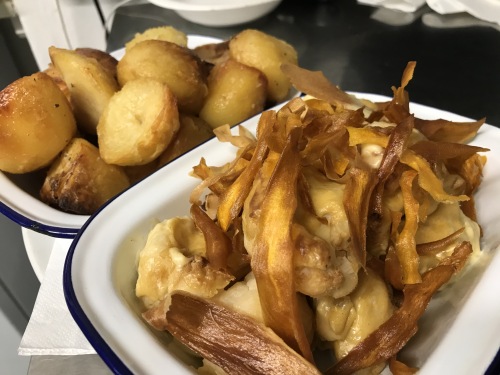 Roast Potatoes, Cauliflower Cheese and Parsnip Crisps