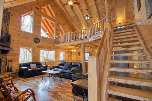 Great Room, from Bottom of Log Stairway to Loft Level