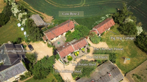 Aerial photo showing the locations of the various accommodation.