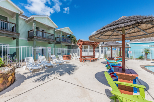 Palapas provide shade, there are plentiful chaise loungers