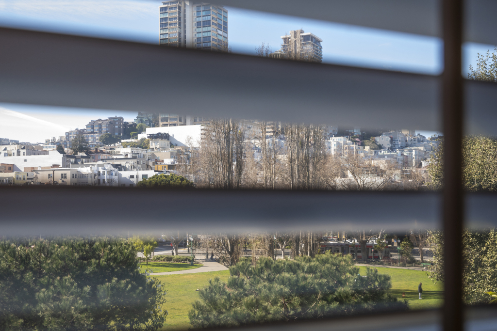 A view of a city and a park from behind closed blinds.