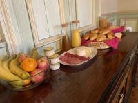 Fruit, yogurt, meats and cheeses, fruit juices, pastries