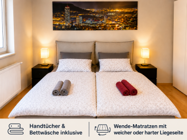 Bedroom with double bed (1,8 x 2m) - Reversible mattresses with firmer and softer sleeping side; Towels & Bedsheets are provided